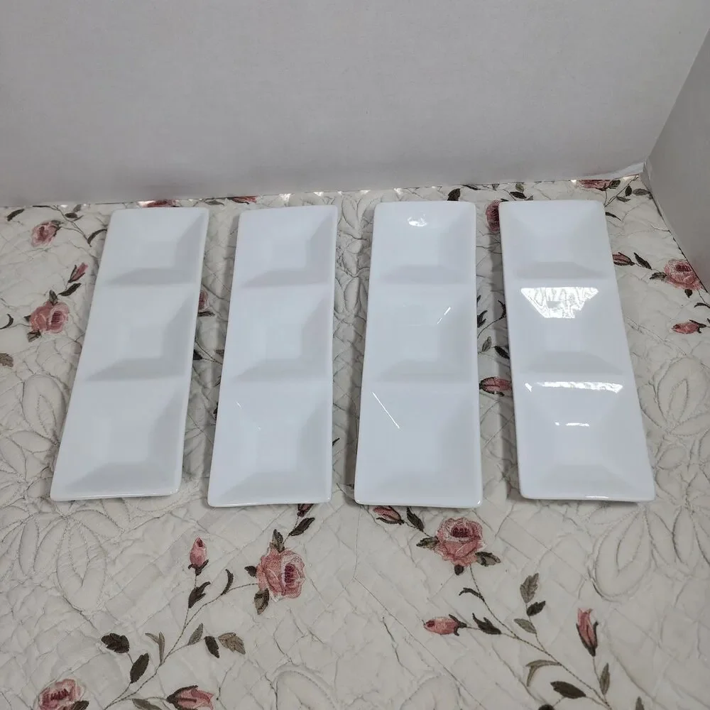 Set of 4 Crate & Barrel White Porcelain 3-Compartment Serving Trays 9